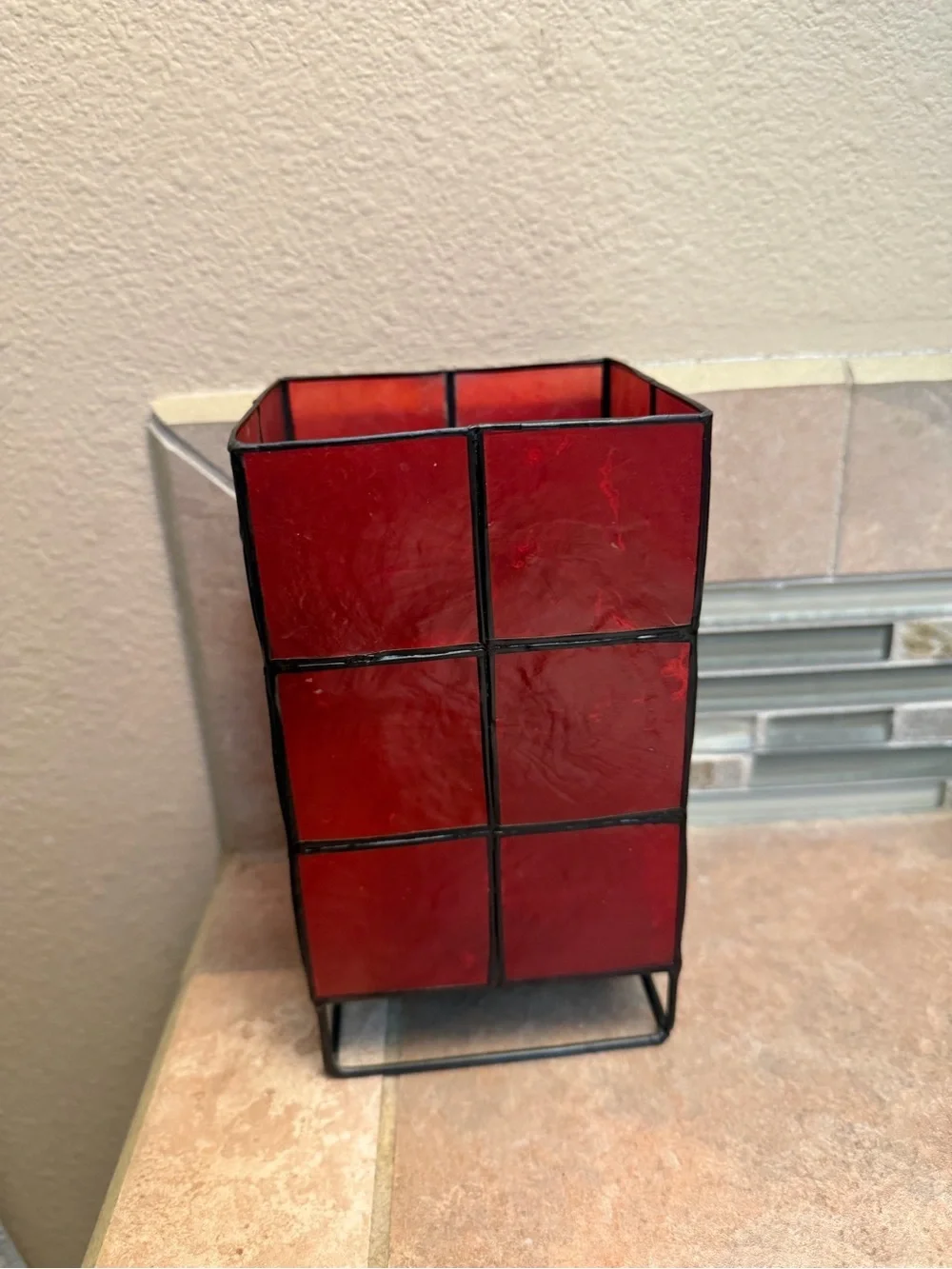 CAPIZ Shell candle holder with metal black base decor light accent piece red
